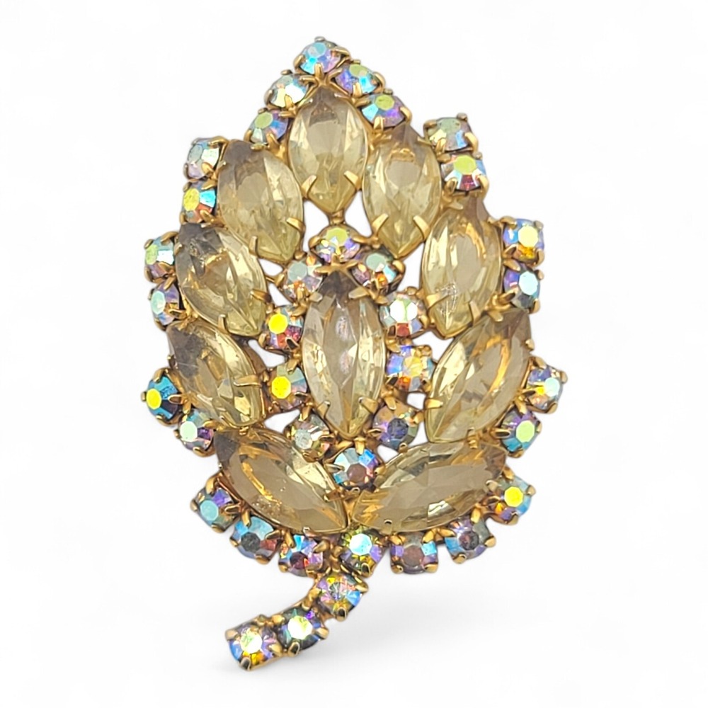 Vintage Juliana D&E Aurora Borealis Rhinestone Yellow Leaf Brooch Gold Tone